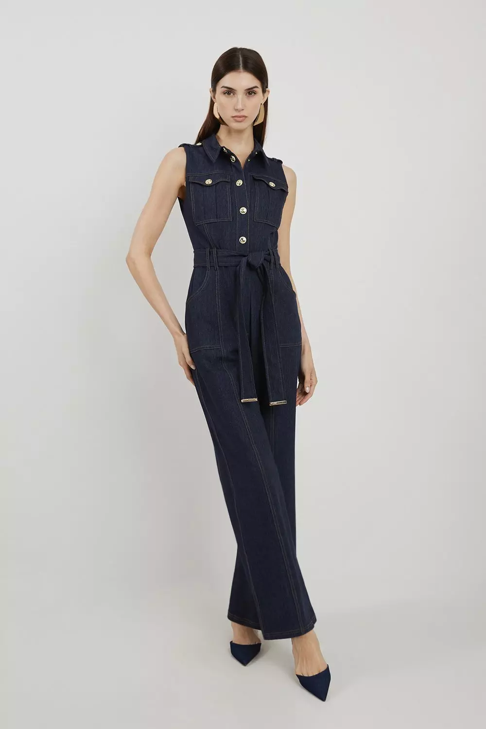 Tailored Denim Belted Shirt Straight Leg Jumpsuit Karen Millen