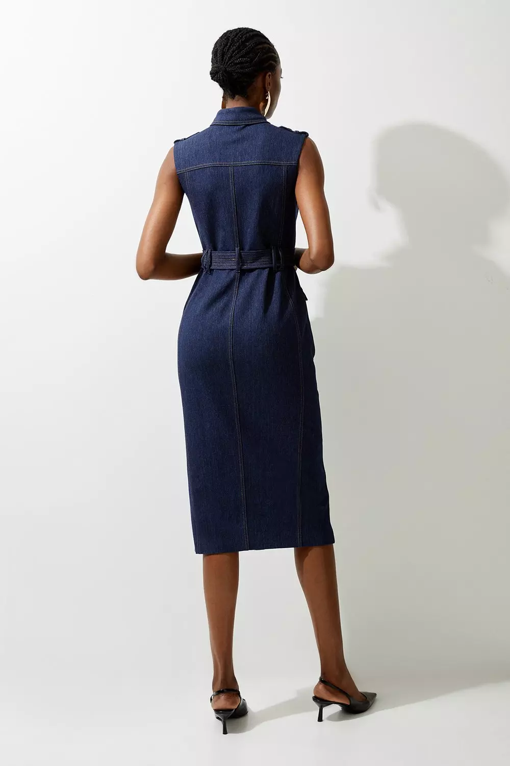 Tailored Denim Cargo Pocket Belted Midi Shirt Dress | Karen Millen