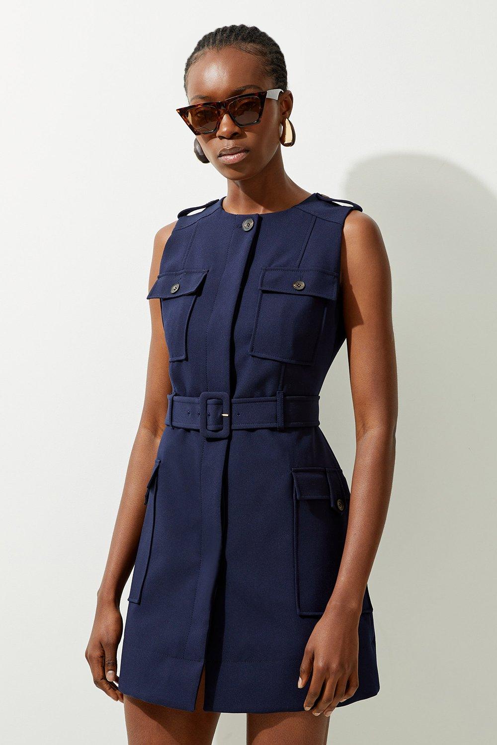 Clean Tailored Safari Cargo Pocket Belted Mini Dress