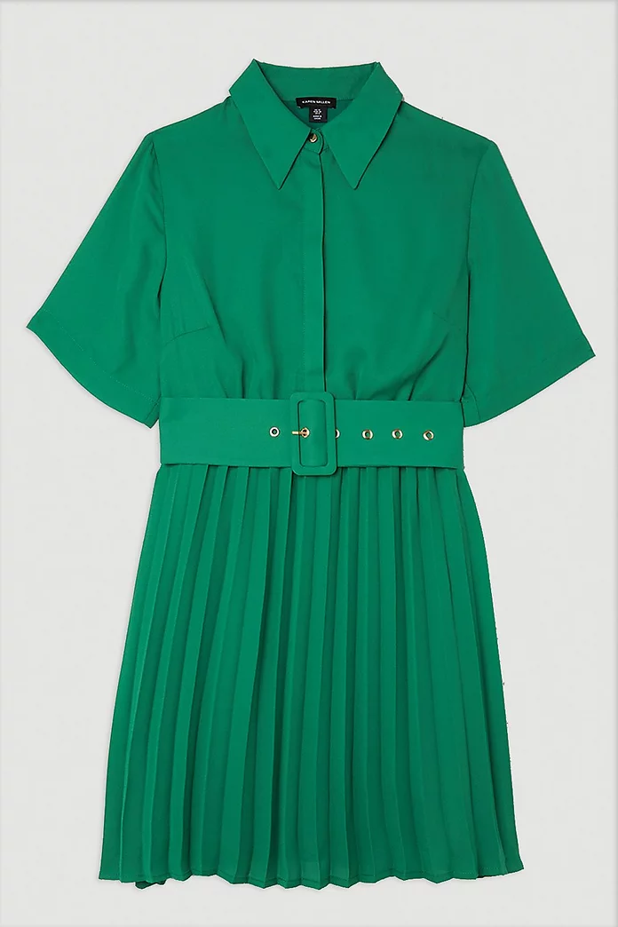 Pleated Georgette Belted Shirt Mini Dress | Karen Millen Pleated Georgette Belted Shirt Mini Dress | Karen Millen