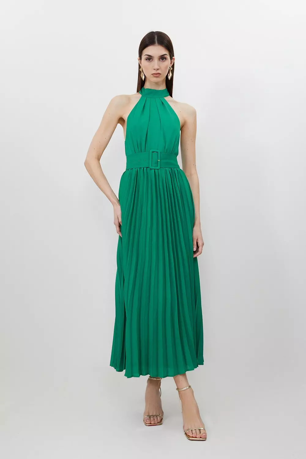 Petite Pleated Georgette Belted Midi Dress Karen Millen