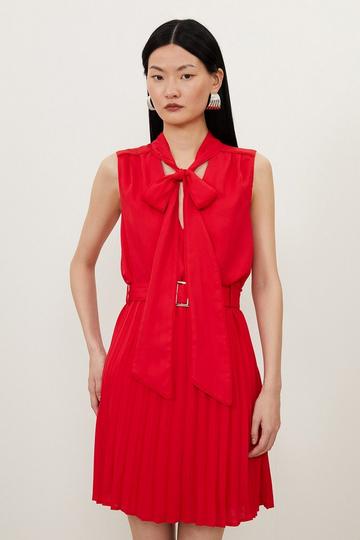Pleated Georgette Tie Neck Mini Dress red
