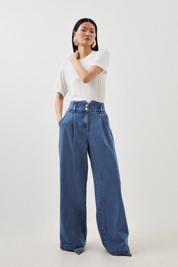 Blue Petite Denim Wide Leg Trousers