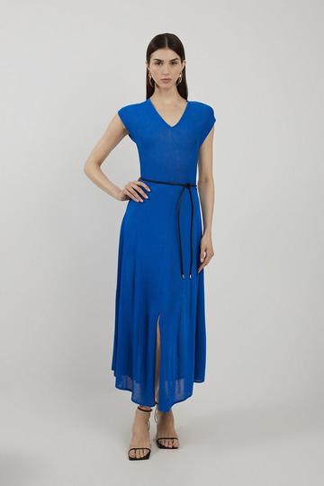 Viscose Blend Summer Knit Pu Belt Midi Dress cobalt