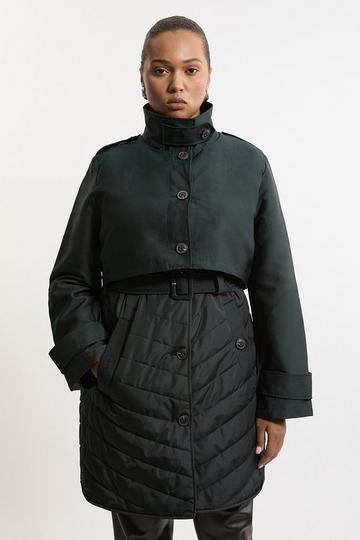 Black Plus Size Lightweight Padded Hybrid Short Trench Coat