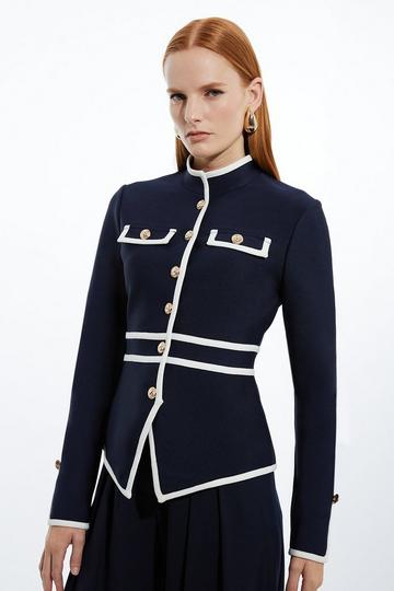 Navy Figure Form Bandage Contrast Piping Jacket