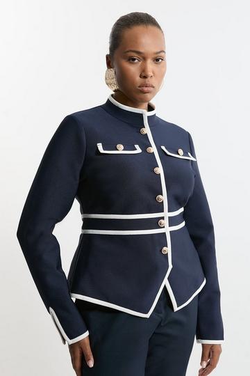 Navy Plus Size Figure Form Bandage Contrast Piping Jacket