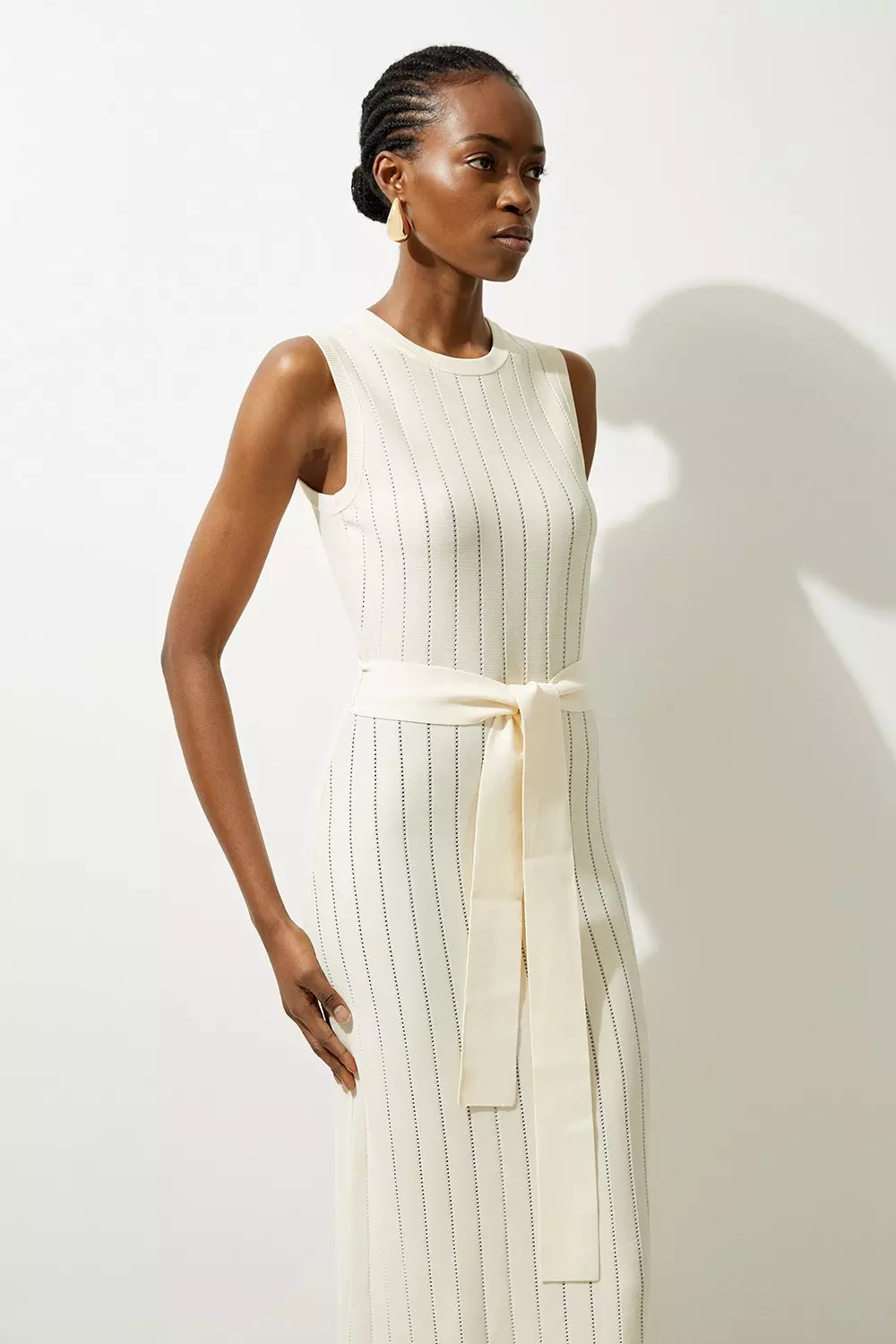 Petite Viscose Blend Sheer Detail Belted Knit Midi Dress