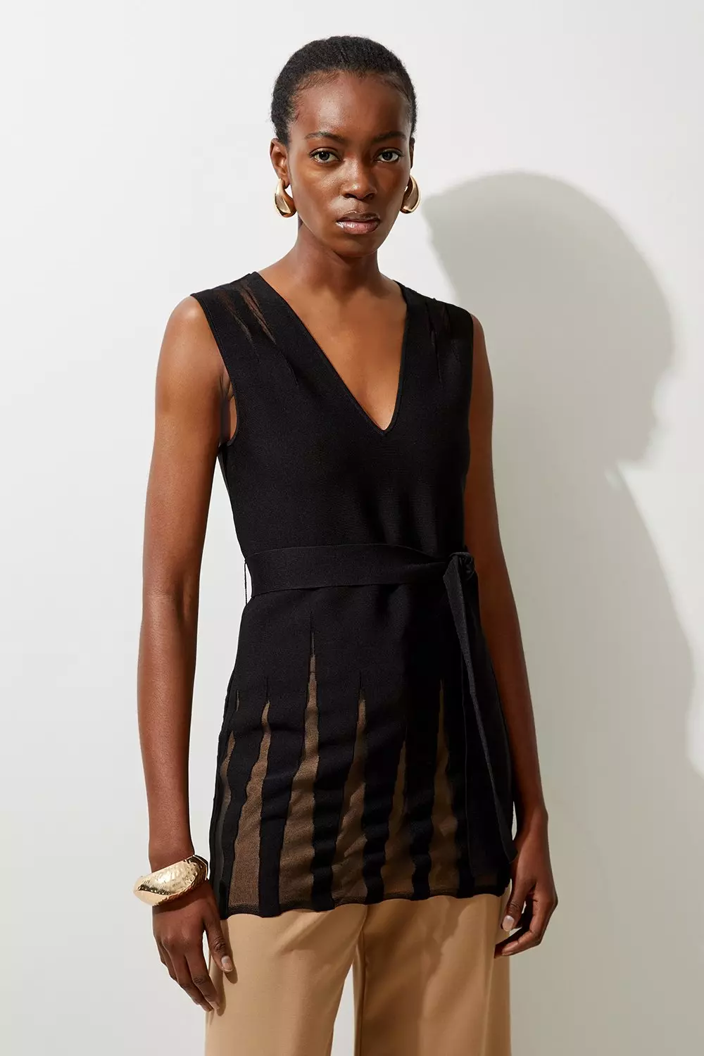 Viscose Blend Sheer Detail Belted Knit Tunic | Karen Millen