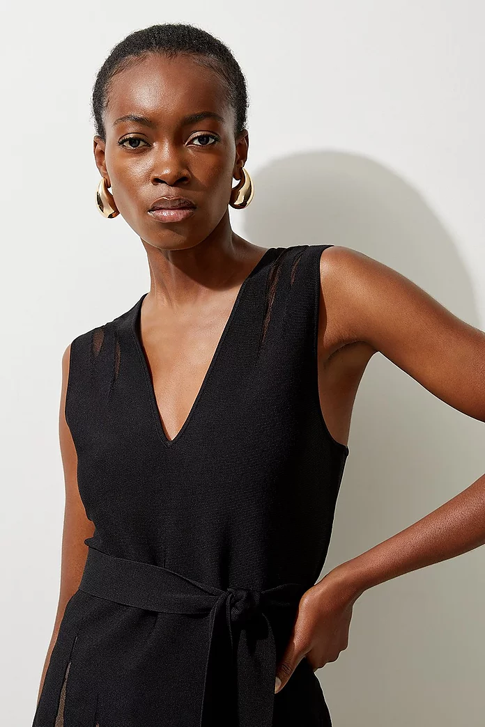 Viscose Blend Sheer Detail Belted Knit Tunic | Karen Millen Viscose Blend Sheer Detail Belted Knit Tunic | Karen Millen