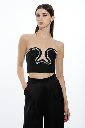 Figure Form Bandage Embellished Corset Detail Knit Top black