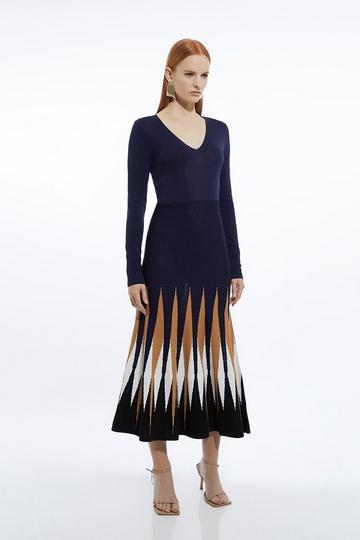 Viscose Blend Knit Colour Block Hem Detail Maxi Dress navy