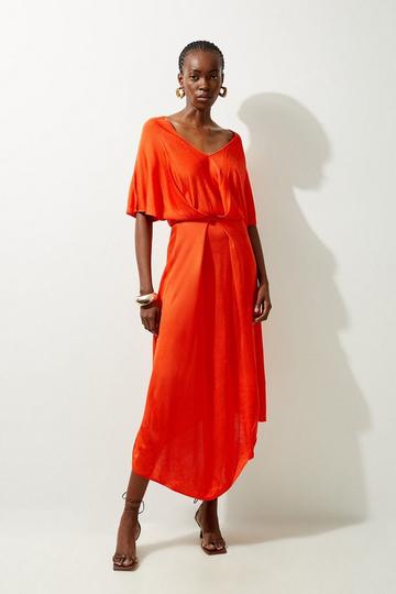 Slinky Viscose High Low V Neck Midi Dress orange