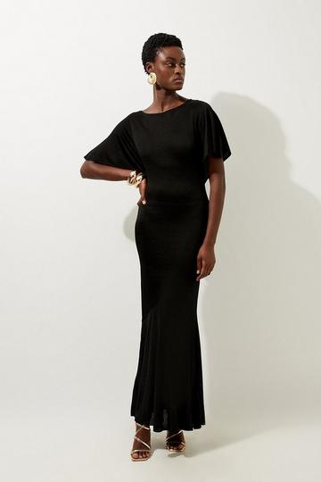 Slinky Viscose Knit Flutter Sleeve Maxi Dress black