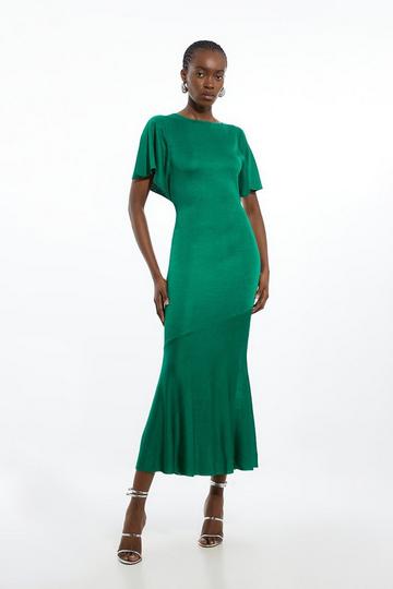 Green Slinky Viscose Knit Flutter Sleeve Maxi Dress