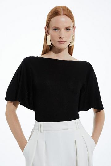 Slinky Viscose Flutter Sleeve Knit Top black