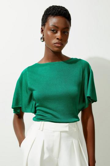 Green Slinky Viscose Flutter Sleeve Knit Top