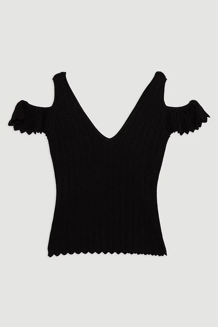 Rib Detail Ruffle Sleeve Knit Top | Karen Millen Rib Detail Ruffle Sleeve Knit Top | Karen Millen