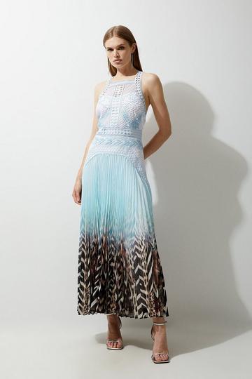 Blue Guipure Lace Printed Pleated Racer Woven Maxi Dress