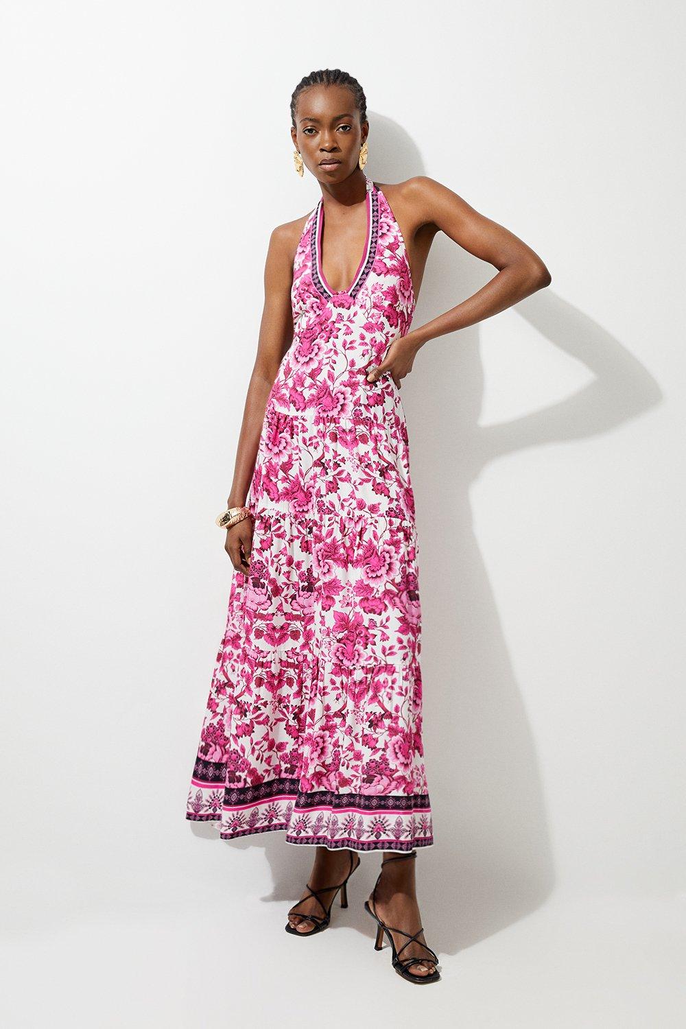 Floral Printed Viscose Woven Halter Maxi Dress