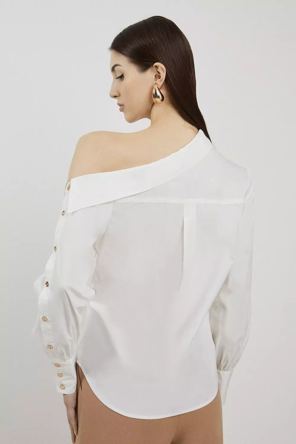 KAREN MILLEN 日本未入荷 コットン リボン フレア シャツ 白 Poplin Asymmetric Longline Woven Shirt | Karen Millen