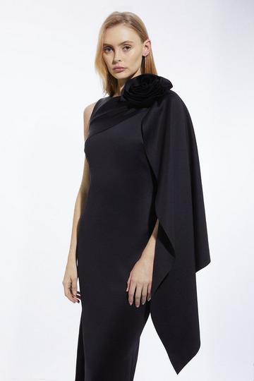 Black Scuba Crepe Dramatic Rosette Woven Cape Midi Dress