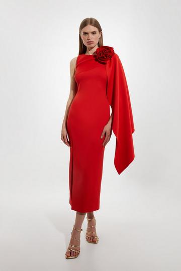 Red Scuba Crepe Dramatic Rosette Woven Cape Midi Dress