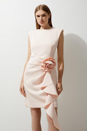 Scuba Crepe Dramatic Rosette Woven Backless Mini Dress blush
