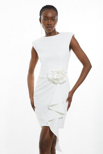 Scuba Crepe Dramatic Rosette Woven Backless Mini Dress ivory