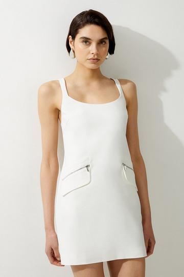 White Pocket Detail Techno Cotton Woven Strappy Mini Dress