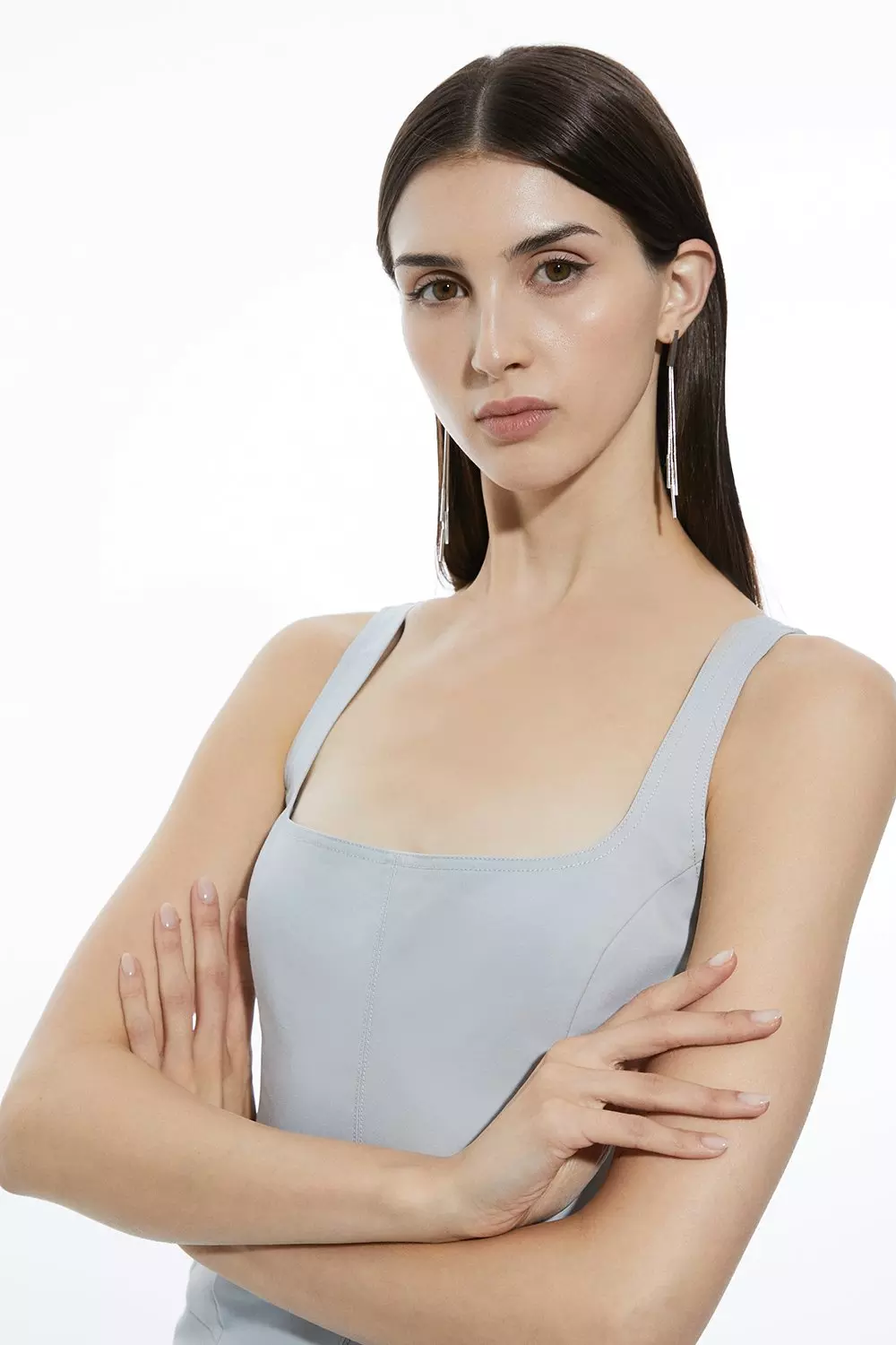 Topstitch Detail Techno Cotton Woven Strappy Midi Dress