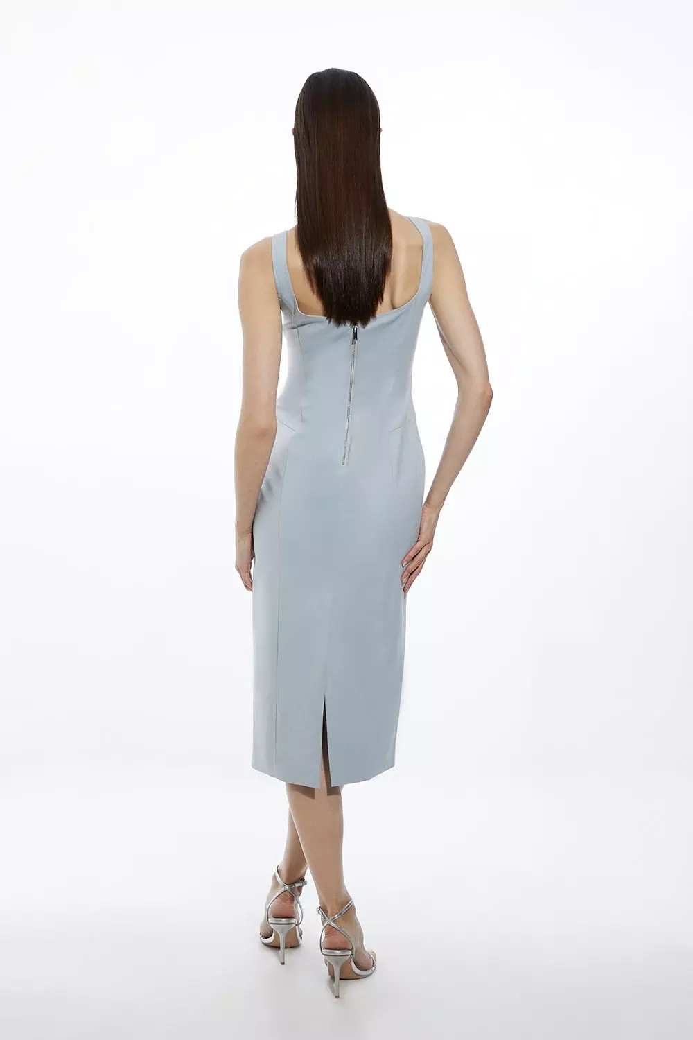 Topstitch Detail Techno Cotton Woven Strappy Midi Dress