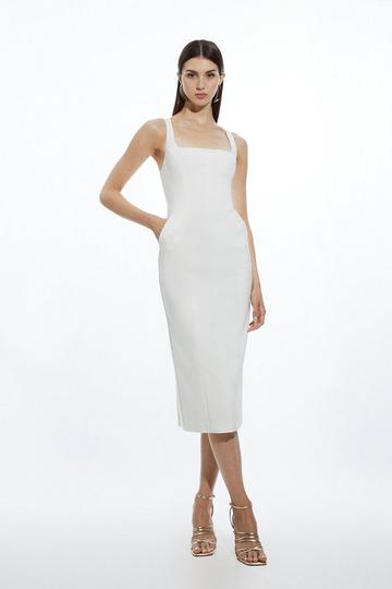 White Topstitch Detail Techno Cotton Woven Strappy Midi Dress