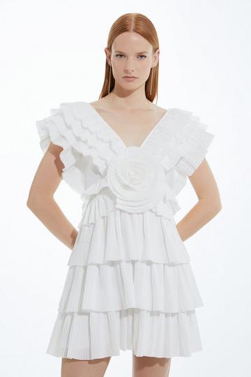 White Petite Drama Pleat Ruffle Rosette Woven Mini Dress