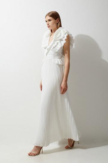 White Drama Pleat Ruffle Rosette Woven Maxi Dress