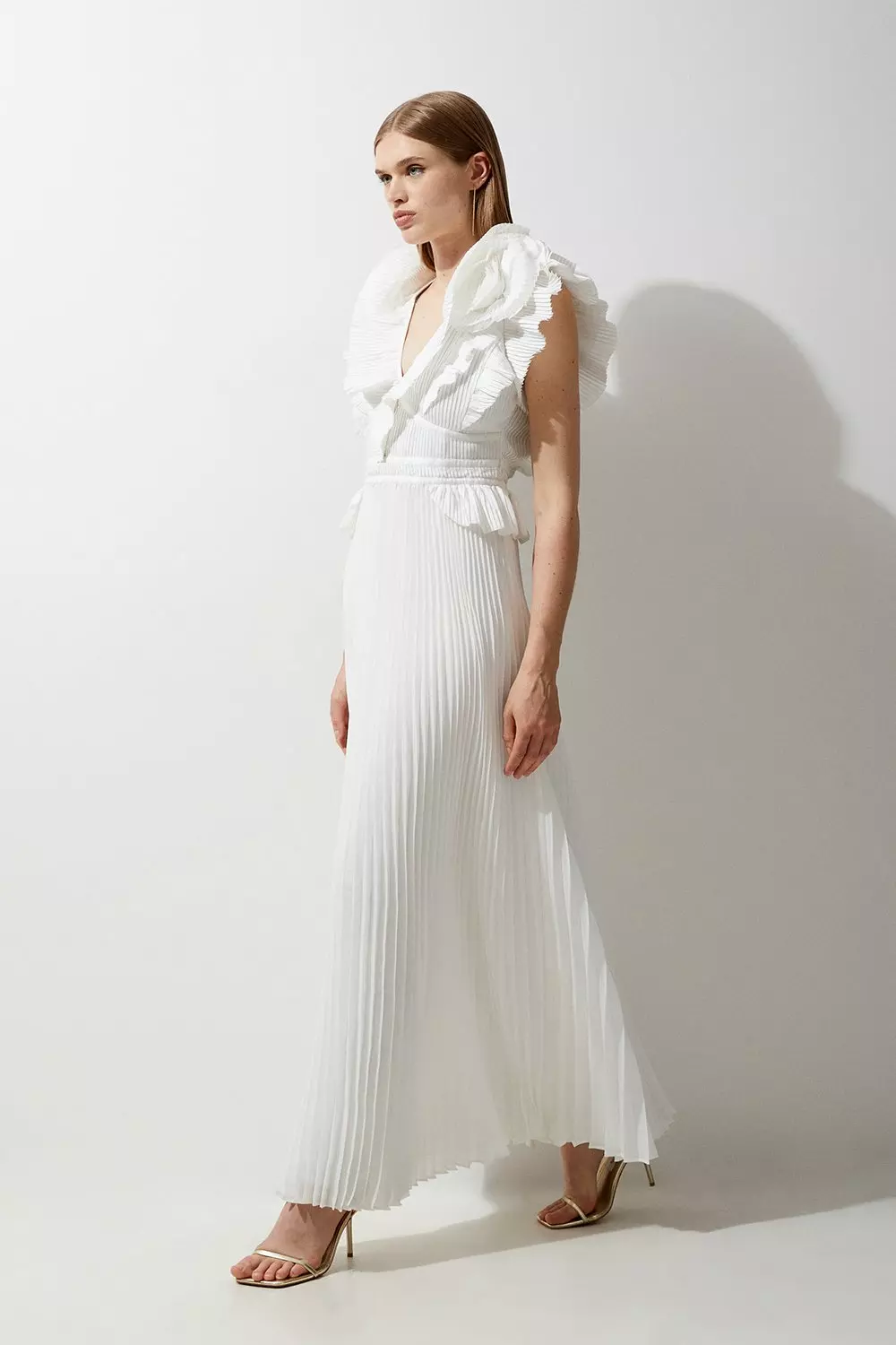 White Drama Pleat Ruffle Rosette Woven Maxi Dress  alternative image
