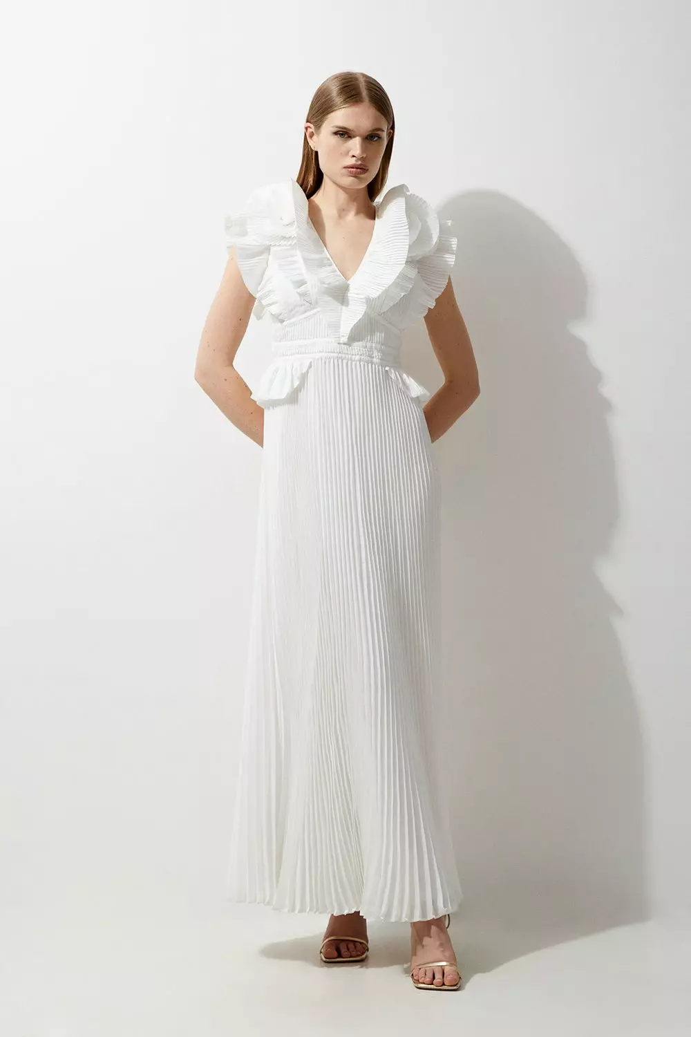 Drama Pleat Ruffle Rosette Woven Maxi Dress | Karen Millen