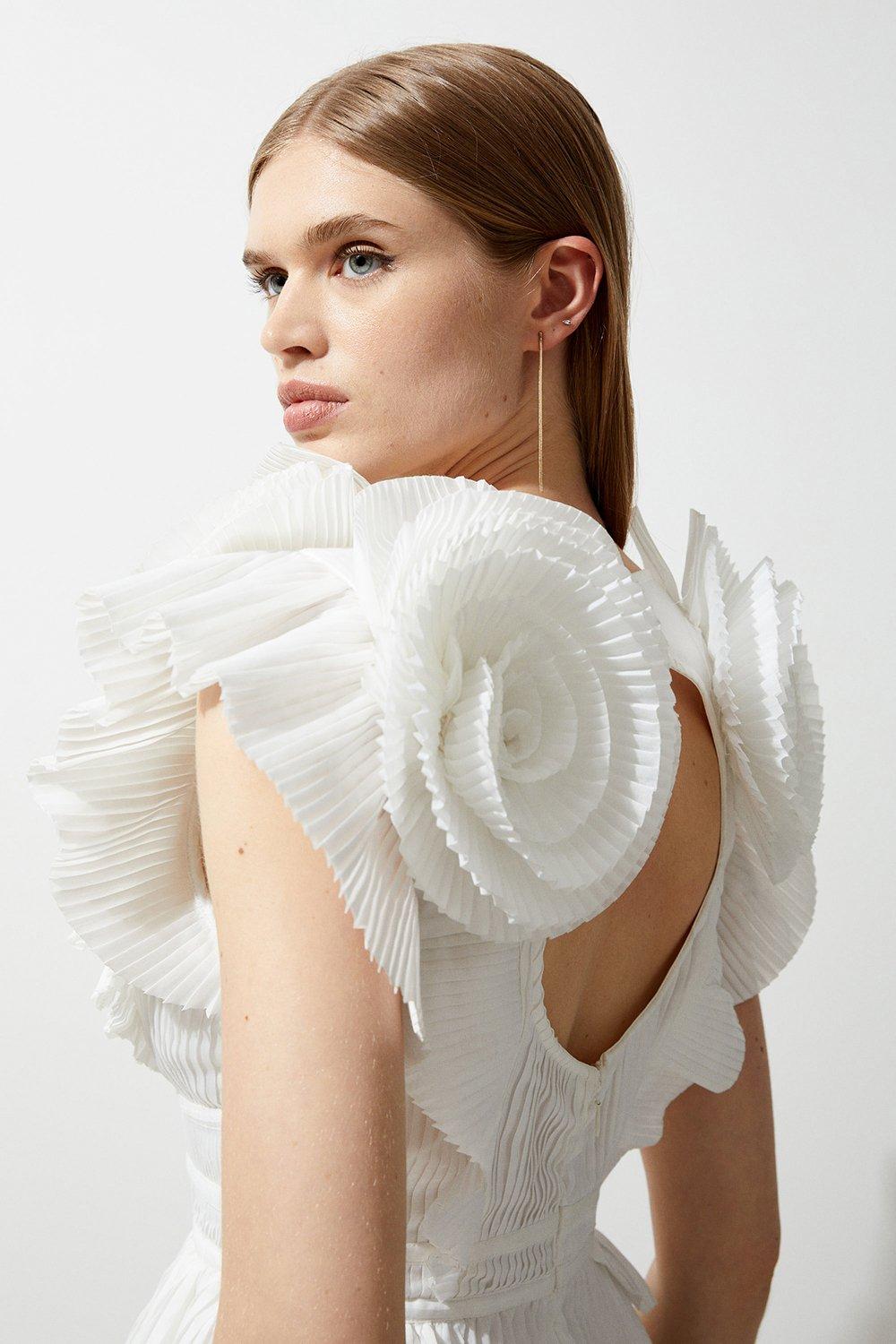 Karen Millen Womens Pleated Voile Drama Rosette Woven Maxi Dress - White - Size 8