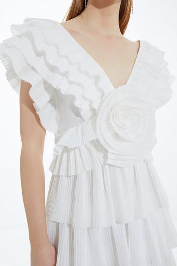 White Drama Pleat Ruffle Rosette Woven Mini Dress