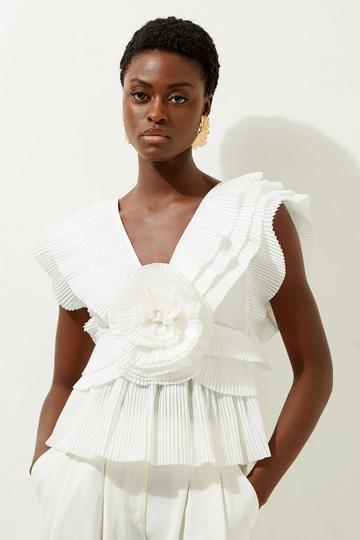 White Pleated Voile Woven Top