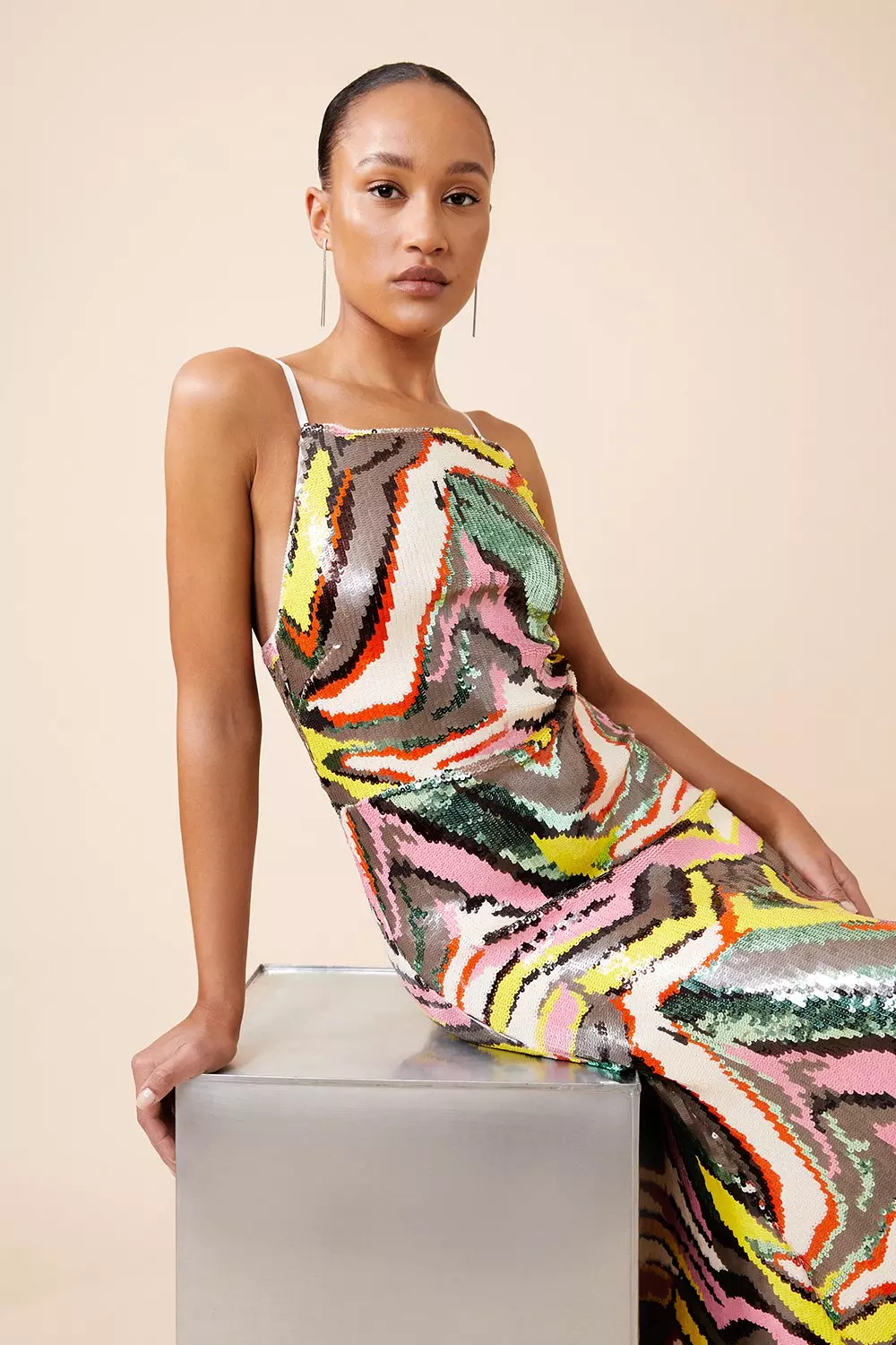 Abstract Sequin Embellished Woven Strappy Midi Dress | Karen Millen