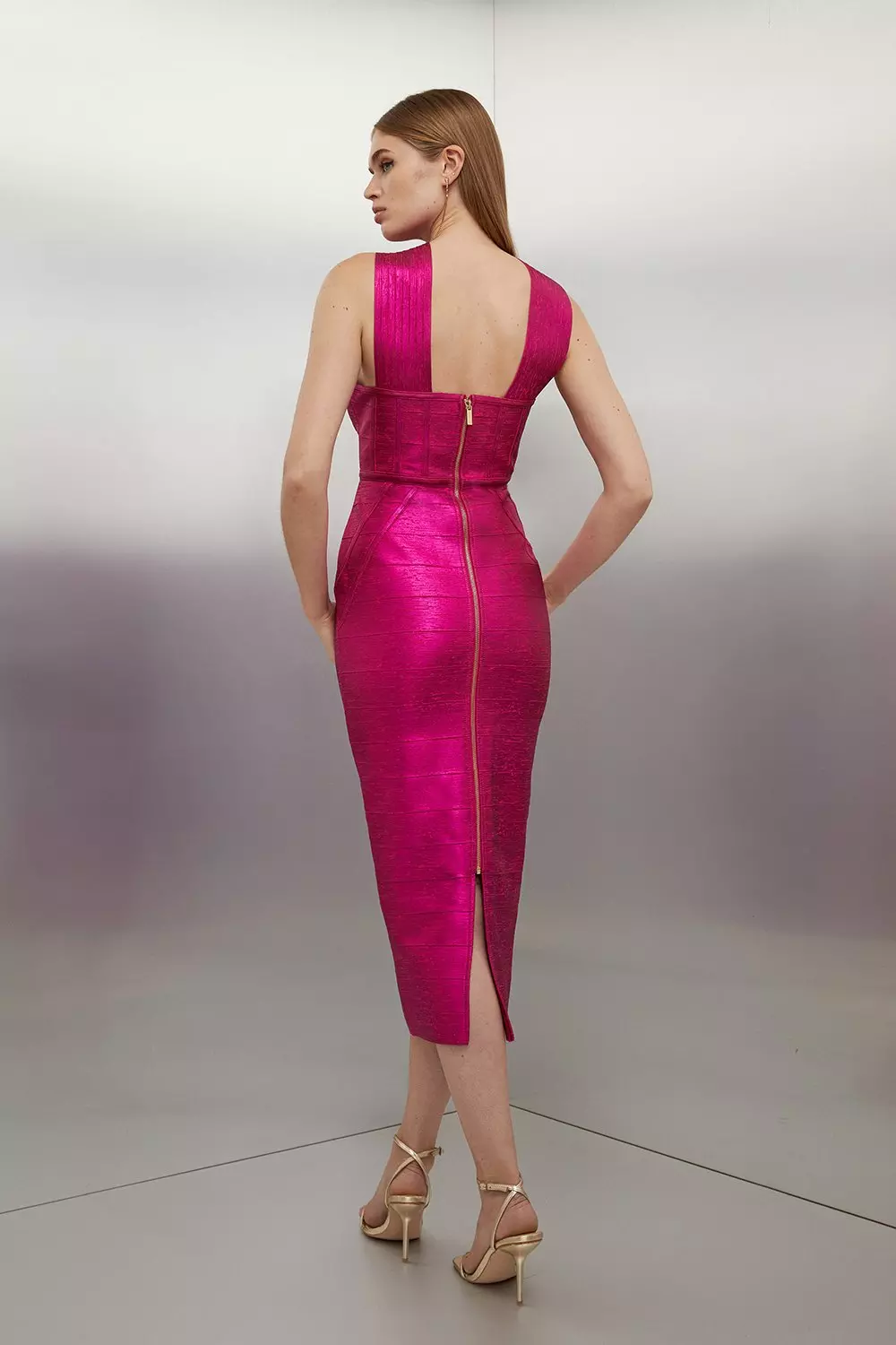 国内発!関税込*KAREN MILLEN*ビーズ レイヤードフリンジ ドレス Petite Figure Form Foiled Bandage Cross Front Midi Dress