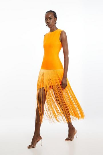 Petite Figure Form Bandage Tassel Asymmetric Dress orange