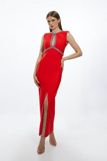 Red Bandage Figure Form Knit Keyhole Embellished Maxi Dress