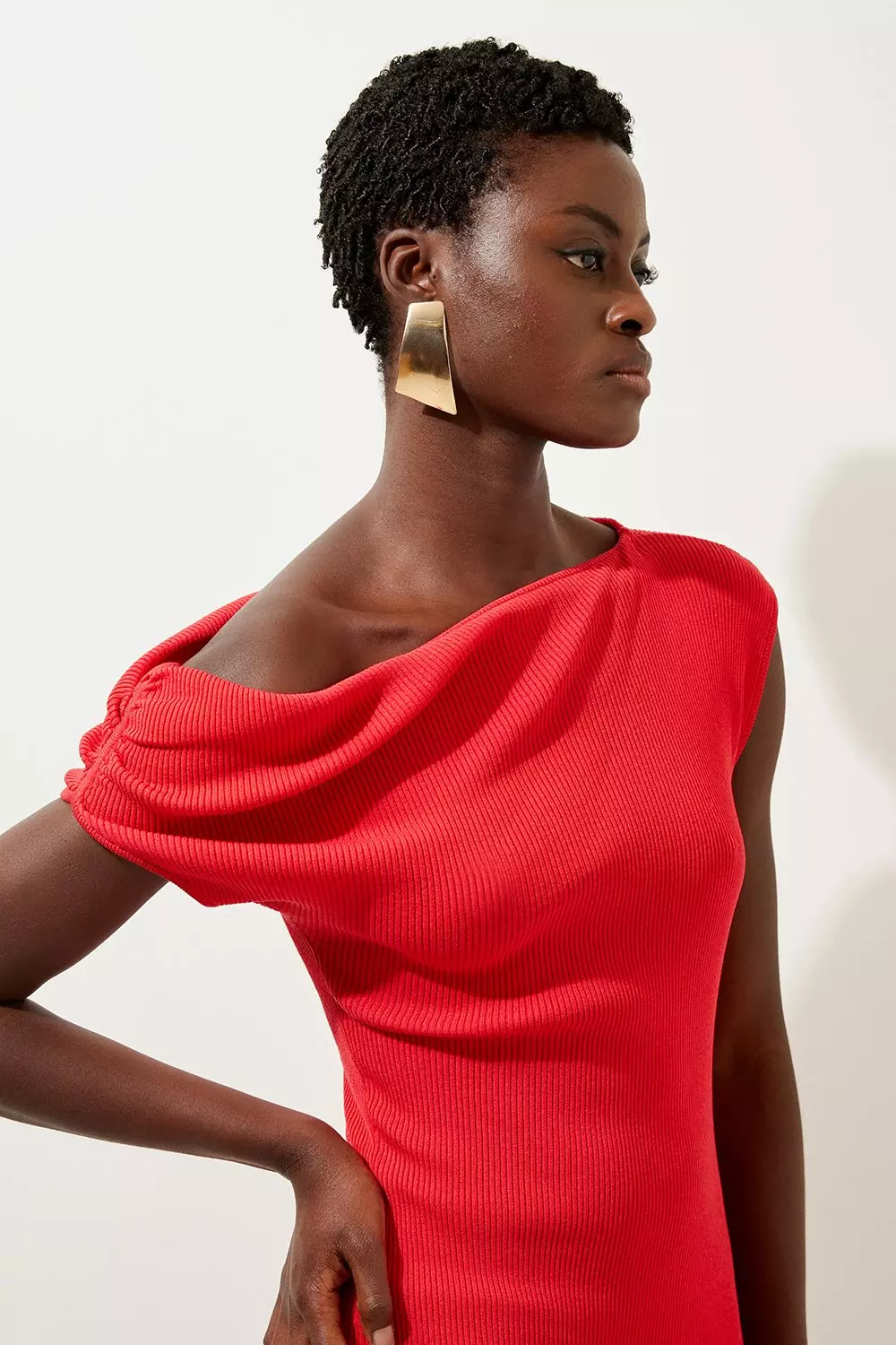 Fire red Viscose Blend Rib Knit Off The Shoulder Maxi Dress alternative image