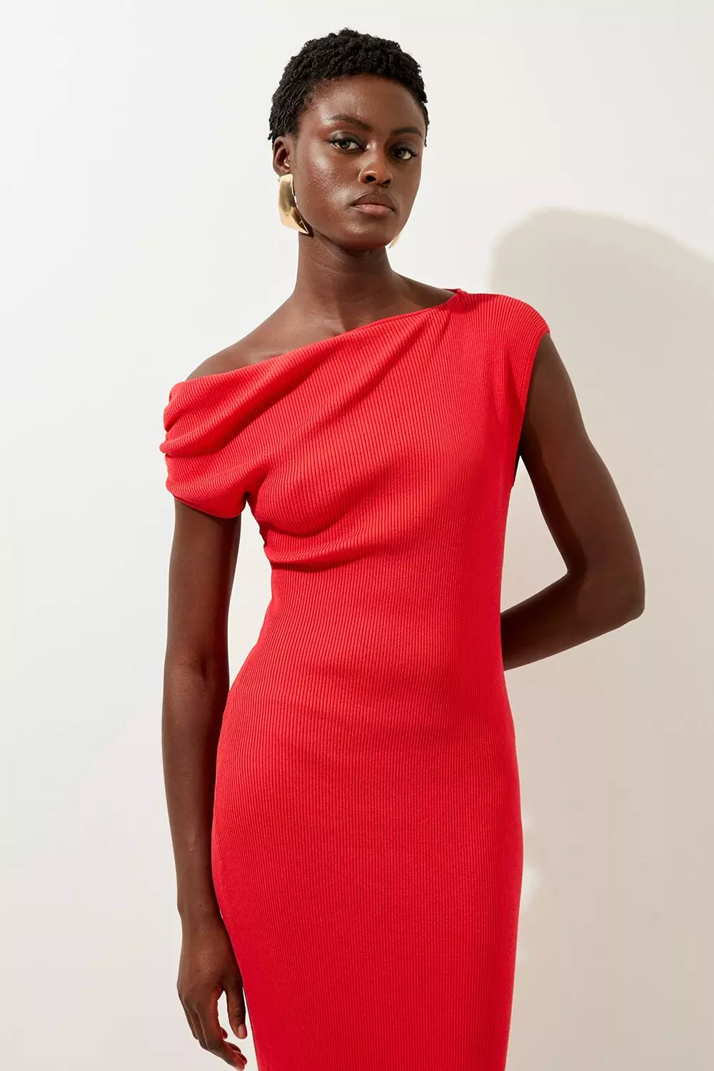 Fire red Viscose Blend Rib Knit Off The Shoulder Maxi Dress alternative image