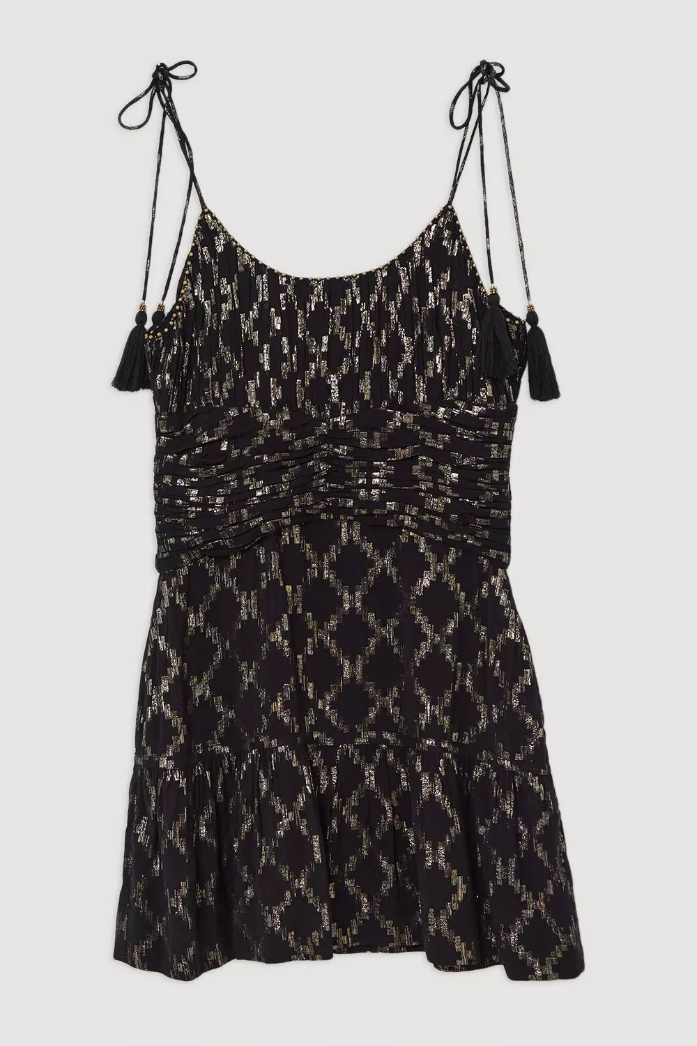 N_N桃ブラック38 Viscose Metallic Thread Beaded Strappy Woven Mini Dress