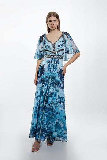 Blue Petite Mirrored Floral Bead And Embrodiered Woven Angel Maxi