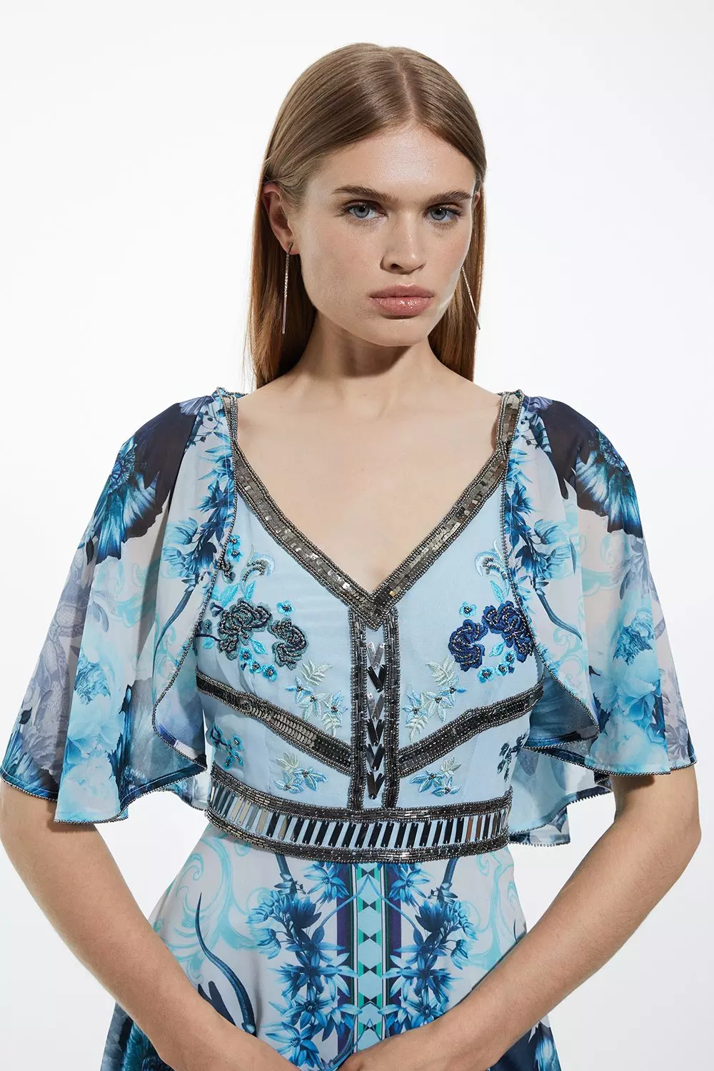 Mirrored Floral Bead And Embroidered Woven Maxi With