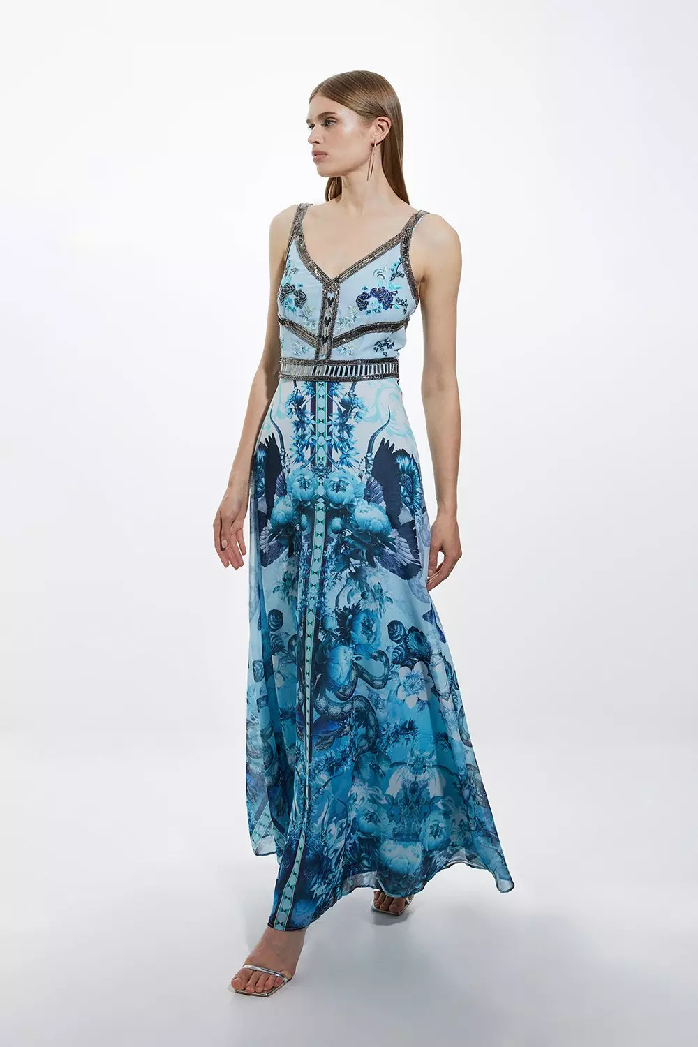 Mirrored Floral Bead And Embroidered Woven Maxi With